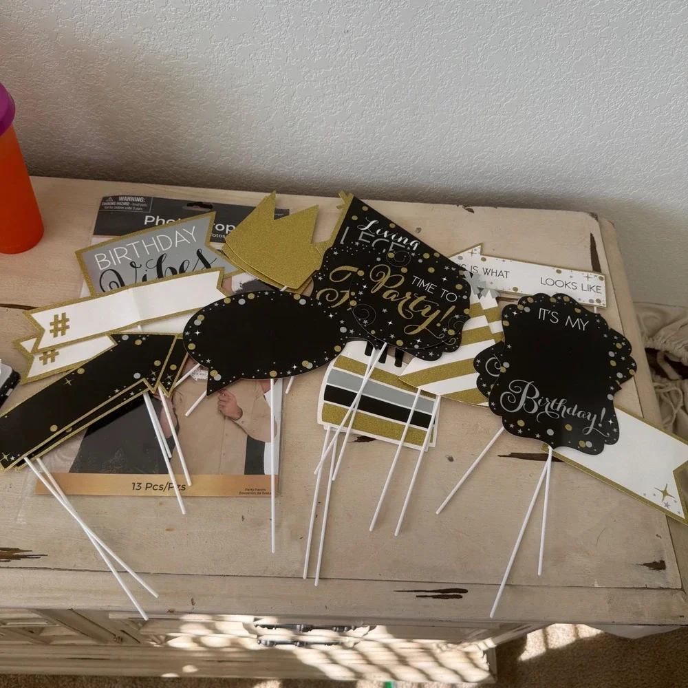 13 Piece‎ Birthday Photo Booth Props Black Gold Crown Party Favors Fun